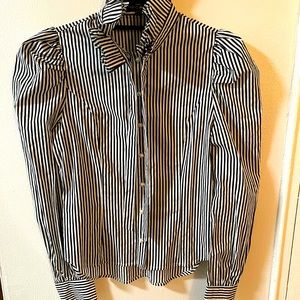 Black and White Pinstriped high neck button down blouse-Large